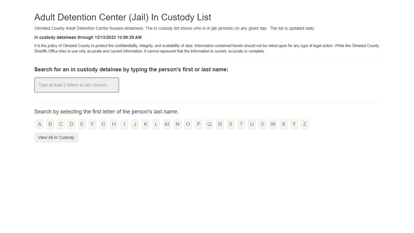 Adult Detention Center (Jail) In Custody List